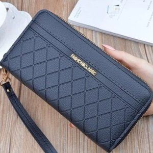 Women Double Zipper Diamond Lattice Phone Wallet Large Capacity Grey